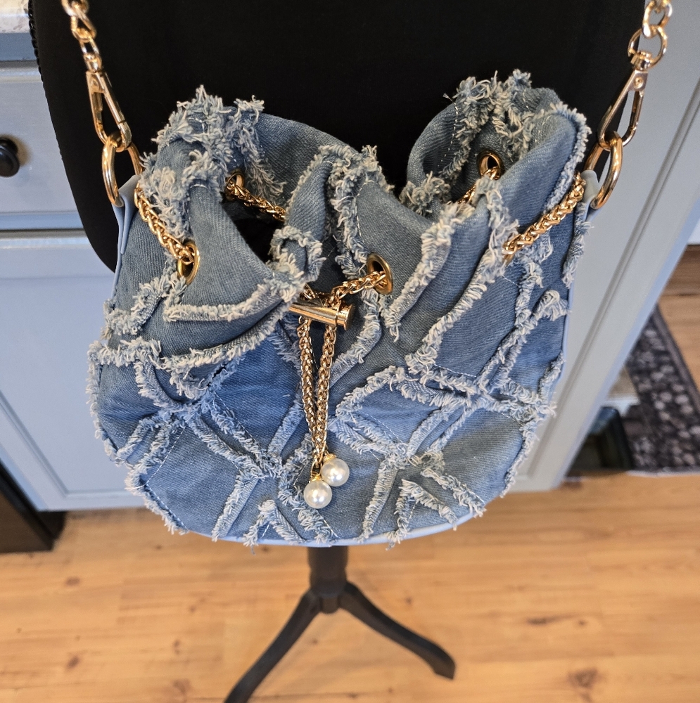 Bespoke Blue Denim Shoulder Bag with Gold Chain